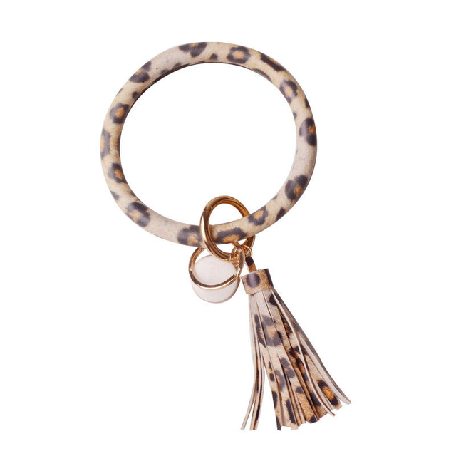 Fashion Popular Tassel Key Chain Leopard Leather Wrist Keychain Bracelet