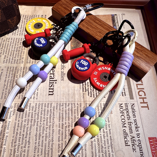 3piece Set Wsnbwye Fashion Colored Rope Knot Beaded Kettle Beaded Pendant Dumbbell Keychain Barbell Piece Hanging Decoration Three-in-one Set Keychain Weightlifting Fitness for Gift Back Packaging Orn