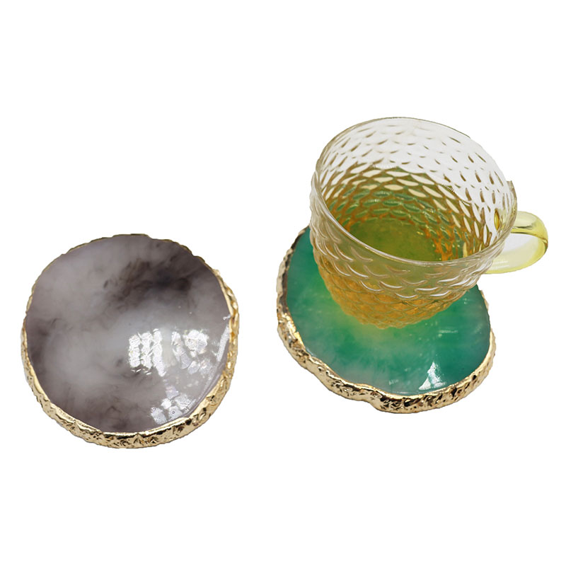 Personalised Natural Red Yellow Blue Agate Coaster Crystal Classic Gem Agate Coasters Slice Gold Rim Resin Agate Coasters 