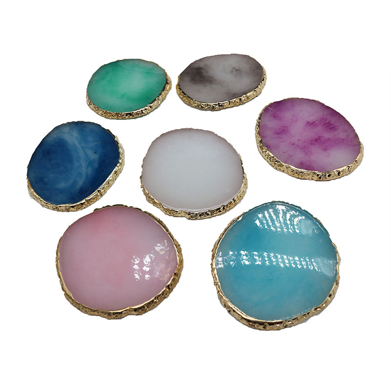 Personalised Natural Red Yellow Blue Agate Coaster Crystal Classic Gem Agate Coasters Slice Gold Rim Resin Agate Coasters 