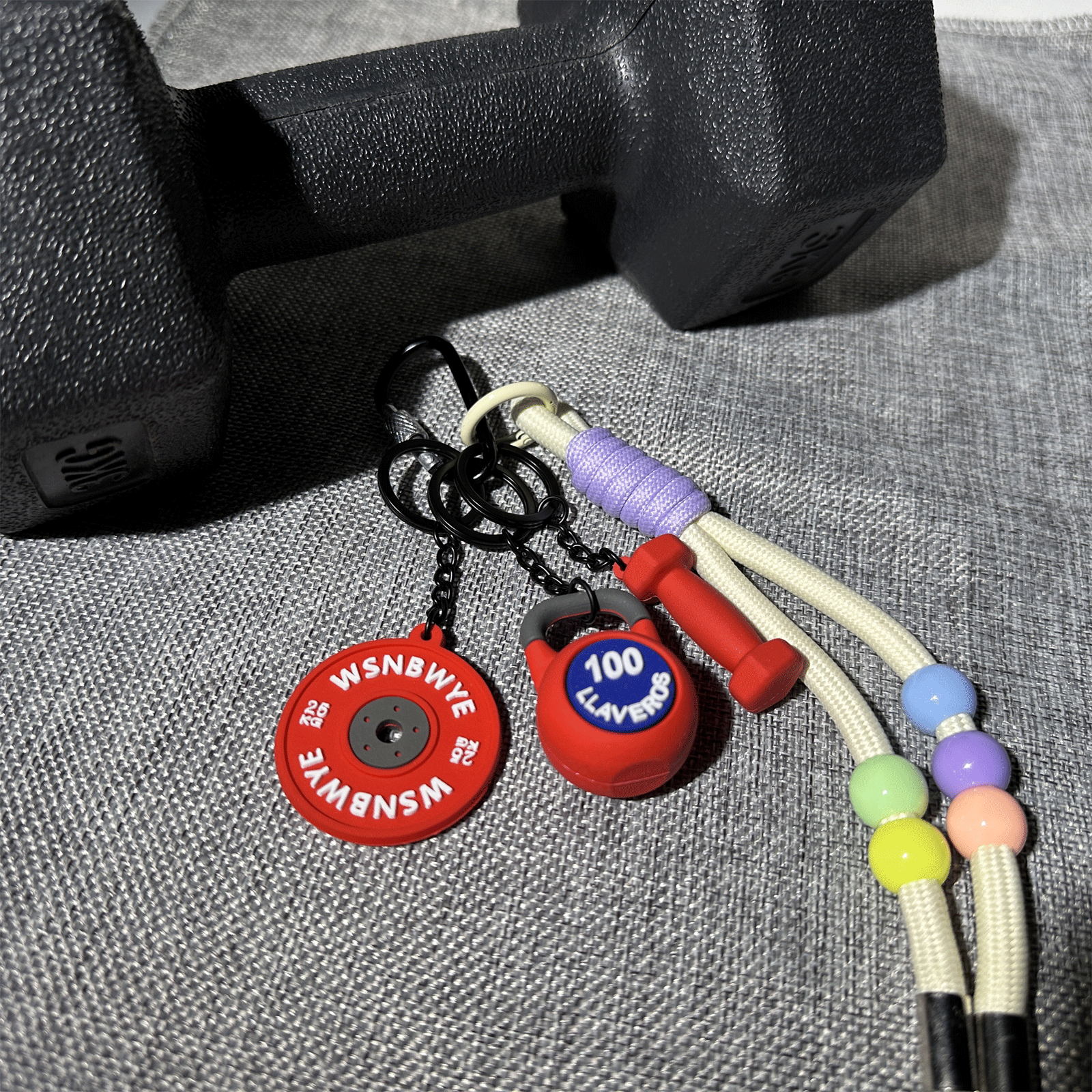 3piece Set Wsnbwye Fashion Colored Rope Knot Beaded Kettle Beaded Pendant Dumbbell Keychain Barbell Piece Hanging Decoration Three-in-one Set Keychain Weightlifting Fitness for Gift Back Packaging Orn