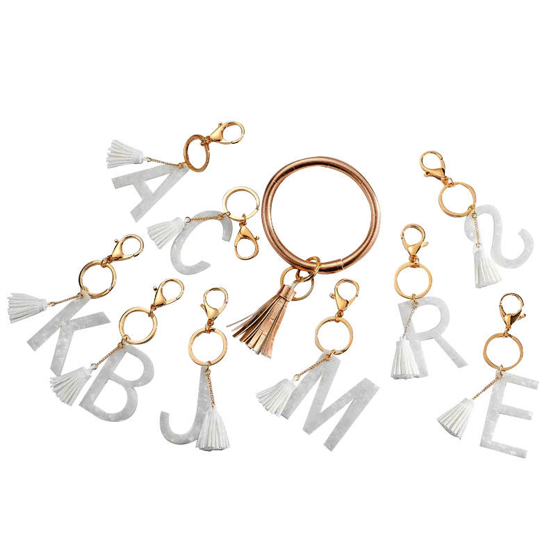 Leather Key Ring Bracelet Letter Wristlet Keychain Women's Fashion Tassel Alphabet Key Chain
