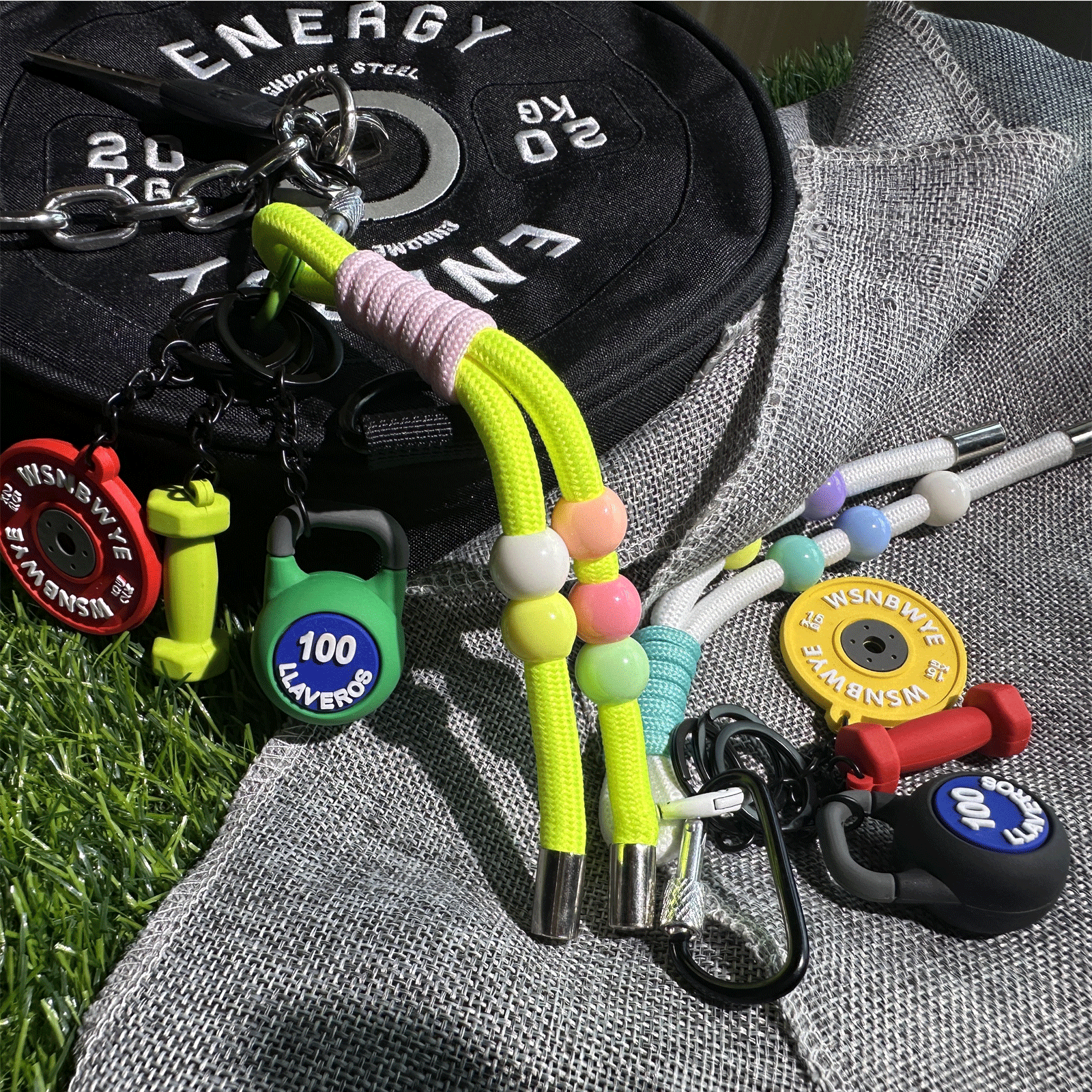 3piece Set Wsnbwye Fashion Colored Rope Knot Beaded Kettle Beaded Pendant Dumbbell Keychain Barbell Piece Hanging Decoration Three-in-one Set Keychain Weightlifting Fitness for Gift Back Packaging Orn