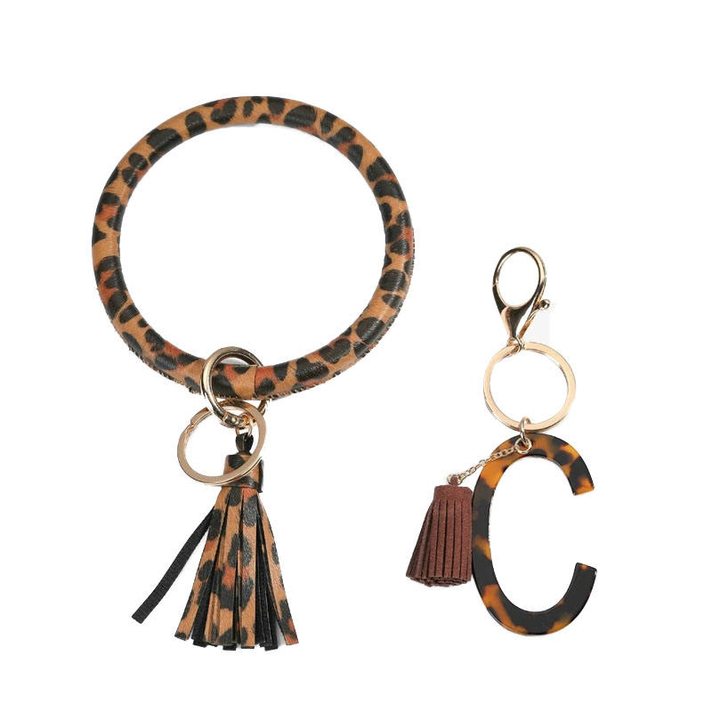Tassel Letters Wristlet Key Chains Circle Bangle Key Ring Chain Leather Keychain Bracelet for Women Girls