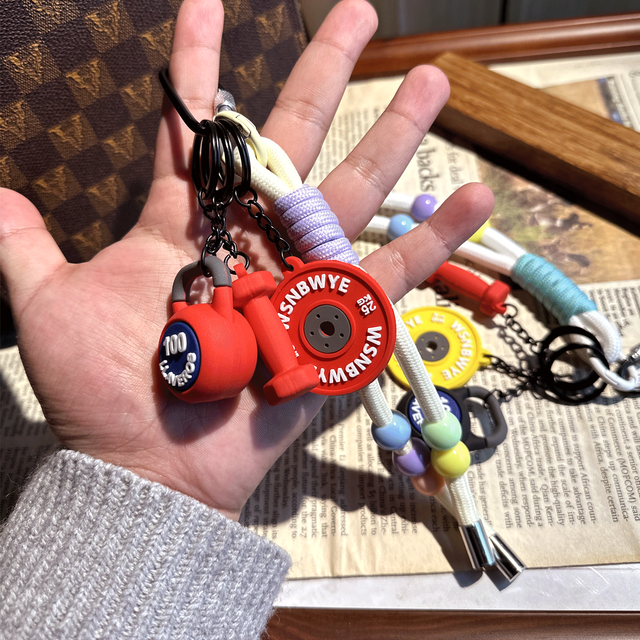 3piece Set Wsnbwye Fashion Colored Rope Knot Beaded Kettle Beaded Pendant Dumbbell Keychain Barbell Piece Hanging Decoration Three-in-one Set Keychain Weightlifting Fitness for Gift Back Packaging Orn