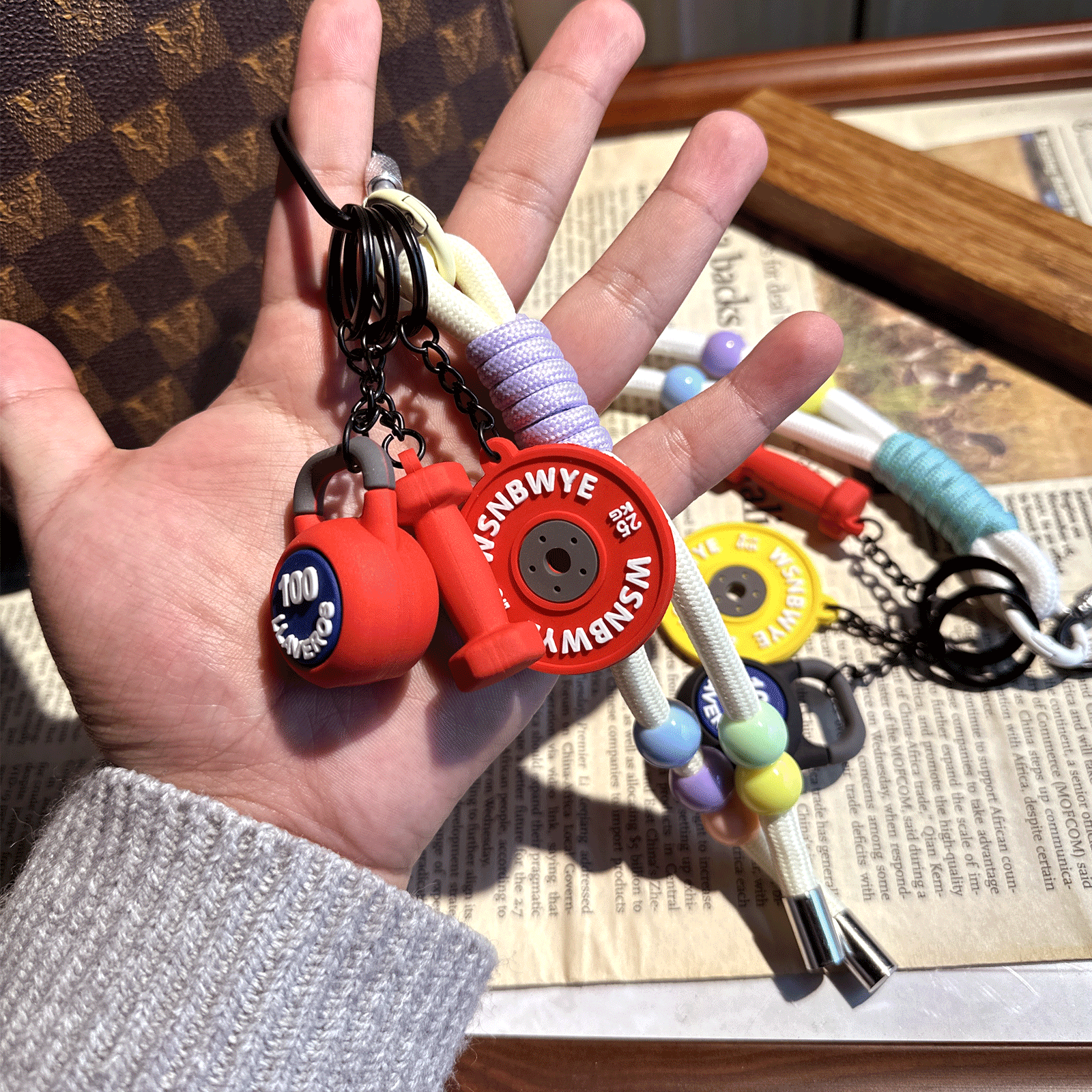 3piece Set Wsnbwye Fashion Colored Rope Knot Beaded Kettle Beaded Pendant Dumbbell Keychain Barbell Piece Hanging Decoration Three-in-one Set Keychain Weightlifting Fitness for Gift Back Packaging Orn